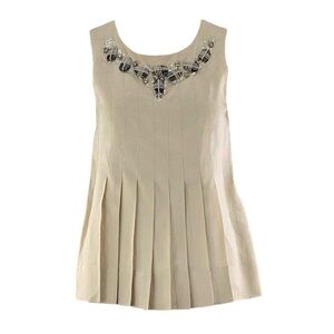 ROBERT RODRIGUEZ Tan Ramie Sleeveless Beaded Neckline Pleated Blouse Size 6